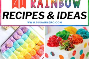 Pinterest collage showing six different rainbow dessert with text overlay that reads "21 Rainbow Recipes & Ideas".