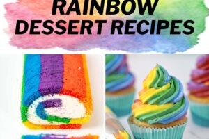 Pinterest collage showing six different rainbow dessert with text overlay that reads "Rainbow Dessert Recipes".