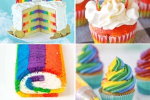 Pinterest collage showing six different rainbow dessert with text overlay that reads "Rainbow Desserts".