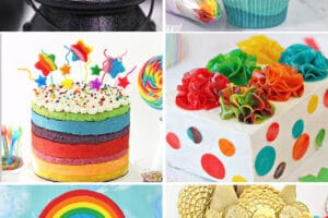 Six photo collage of different rainbow cakes and cupcakes.