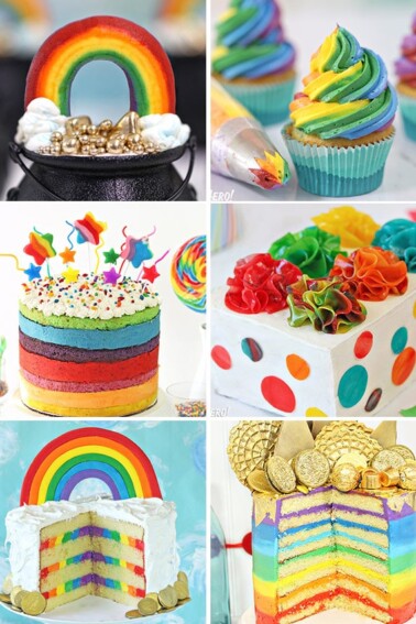 Six photo collage of different rainbow cakes and cupcakes.