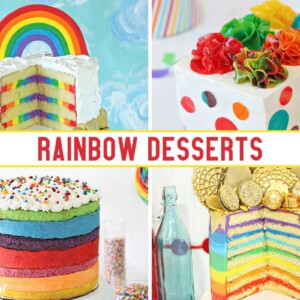Four photo collage of rainbow desserts with text overlay for Pinterest.