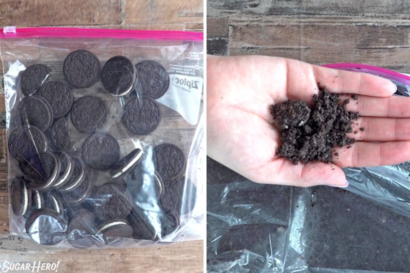 Two photo collage showing how to make Oreo crumbs for Dirt Pudding Cups.