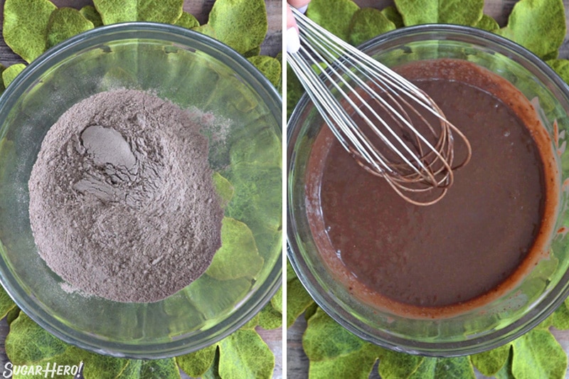 Two photo collage showing how to make chocolate pudding for Dirt Pudding Cups.
