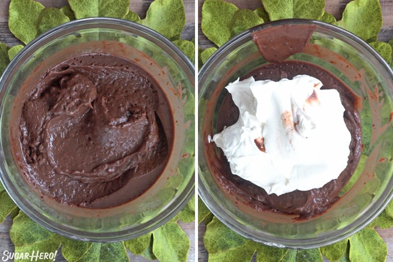 Two photo collage showing stirring whipped cream into chocolate pudding to make Dirt Pudding Cups.