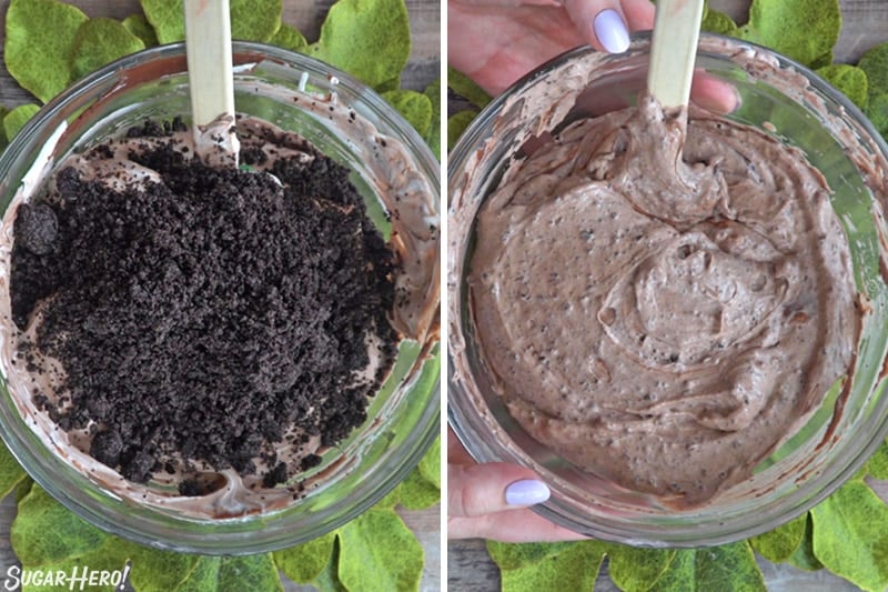 Two photo collage showing stirring Oreo crumbs into chocolate pudding to make Dirt Pudding Cups.