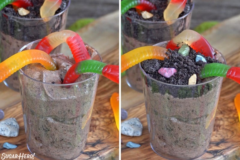 Two photo collage showing how to finish decorating Dirt Pudding Cups.