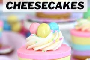Pinterest collage of Easter Mini Cheesecake with text overlay that reads "Easter No-Bake Cheesecakes."
