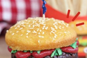 Photo of Hamburger Cupcakes with text overlay for Pinterest.