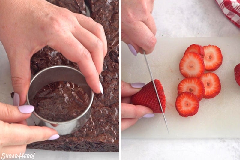 Two photo collage showing how to cut out brownie circles and cut strawberries for Hamburger Cupcakes.
