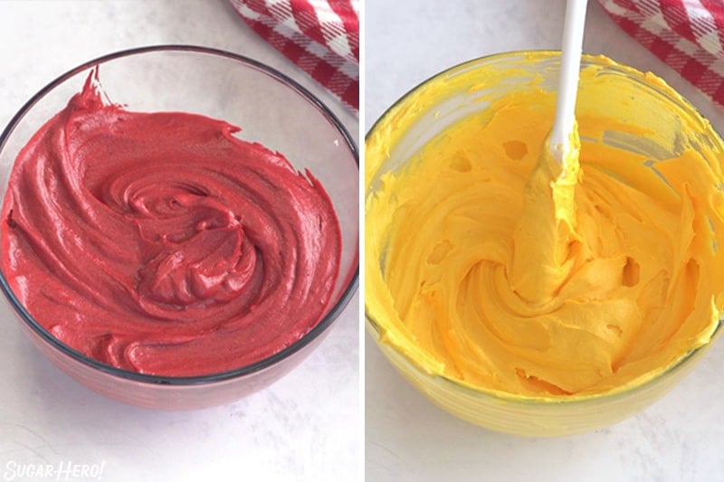 Two photo collage showing how to color frosting red and yellow for Hamburger Cupcakes.