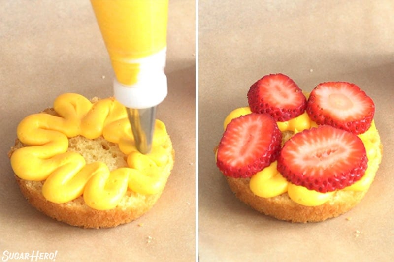 Two photo collage showing how to add frosting "mustard" and strawberry slices when assembling Hamburger Cupcakes.
