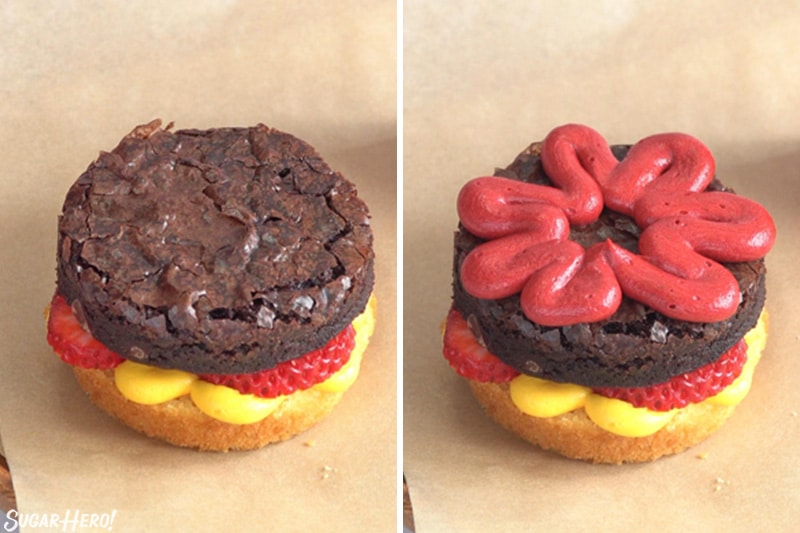 Two photo collage showing how to add brownie patties and frosting "ketchup" when assembling Hamburger Cupcakes.