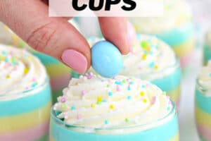 Pinterest collage showing Rainbow Gelatin Cups with text overlay that reads "Pastel Rainbow Cups" above the picture.