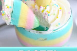 Pinterest collage showing Rainbow Gelatin Cups with text overlay that reads "Pastel Gelatin Cups" below the picture.
