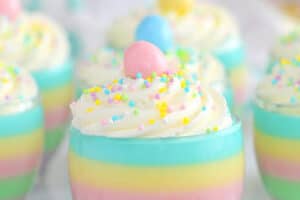 Pinterest collage showing Rainbow Gelatin Cups with text overlay that reads "Rainbow Gelatin Cups" above the picture.