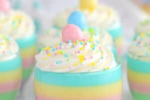 Pinterest collage showing Rainbow Gelatin Cups with text overlay that reads "Pastel Gelatin Cups" above the picture.