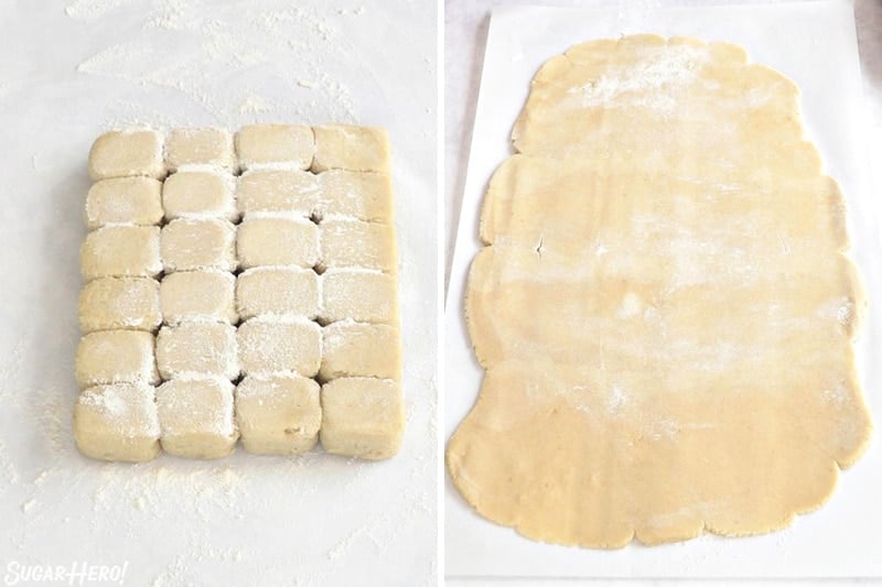 Two photo collage showing how to roll out sugar cookie dough for Sugar Cookie French Fries.