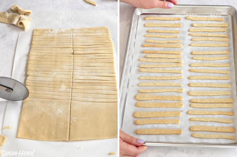 Two photo collage showing how to slice and bake thin cookies for Sugar Cookie French Fries.