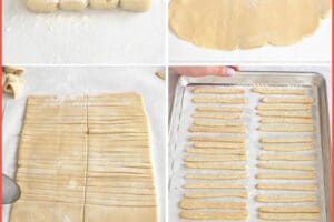 Six photo collage showing how to make Photo of Sugar Cookie French Fries with text overlay for Pinterest..
