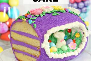 Pinterest collage showing Sugar Easter Egg Cake on a white cake stand with text overlay that reads "Sugar Egg Easter Cake".