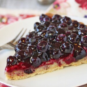 Close up of a slice of blueberry coconut tart on a round, white plate.