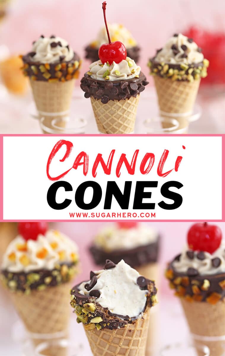 Two photo collage of Cannoli Cones with text overlay for Pinterest.
