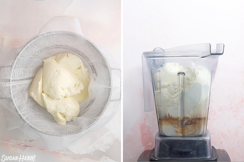 Two photo collage showing how to drain ricotta and mix filling for Cannoli Cones.