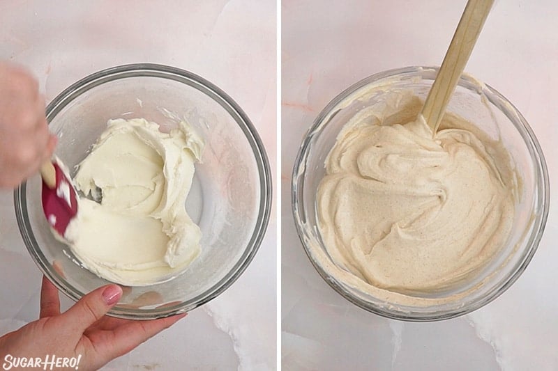 Two photo collage of mixing the filling for Cannoli Cones.