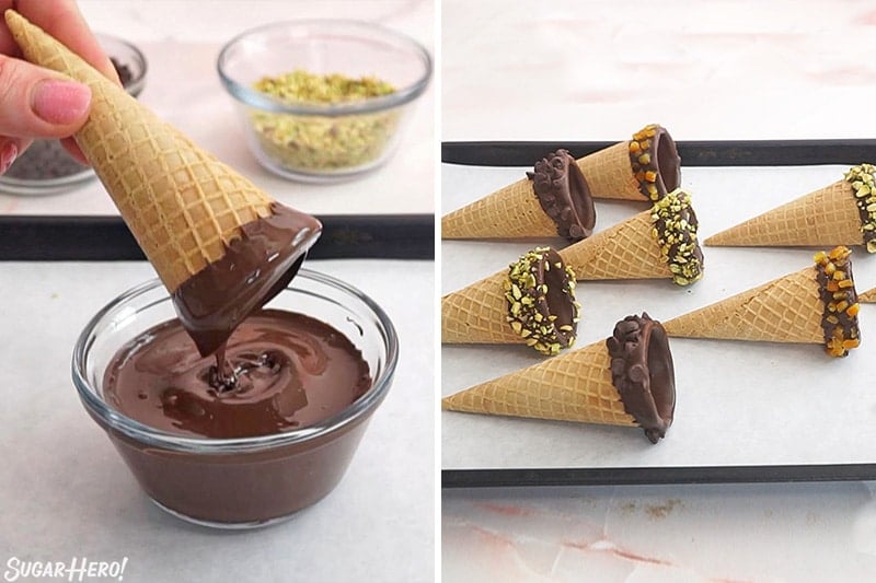 Two photo collage of dipping and decorating cones for Cannoli Cones.