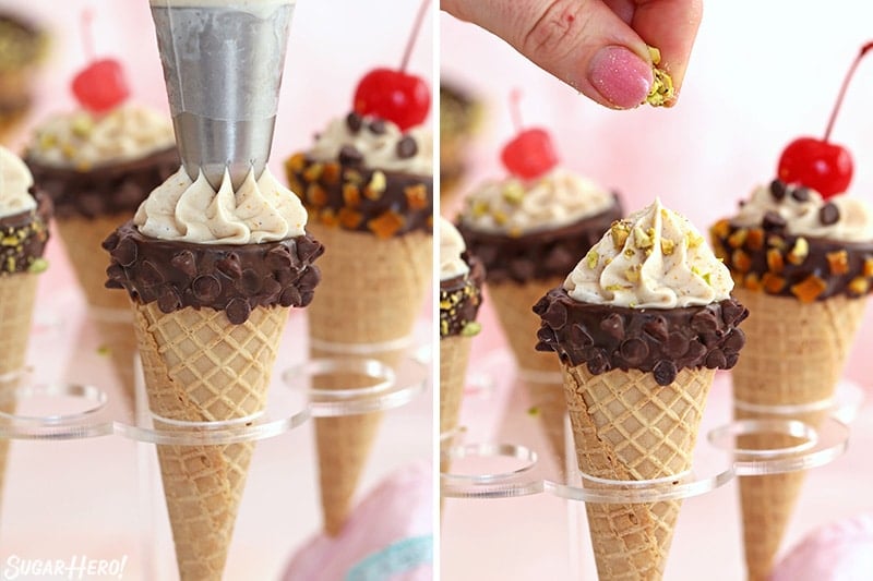 Two photo collage showing how to pipe and decorate Cannoli Cones.