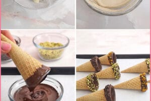 Six photo collage showing how to make and assemble Cannoli Cones.