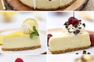 Collage of 10-Flavor Cheesecake Sampler photos with text overlay for Pinterest.