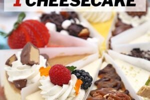 Photo of 10-Flavor Cheesecake Sampler with text overlay for Pinterest.