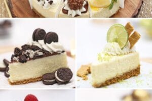 Collage of 10-Flavor Cheesecake Sampler photos with text overlay for Pinterest.