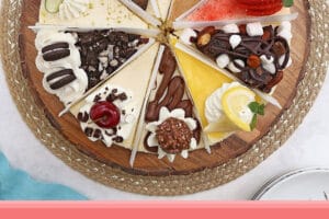 Photo of 10-Flavor Cheesecake Sampler with text overlay for Pinterest.