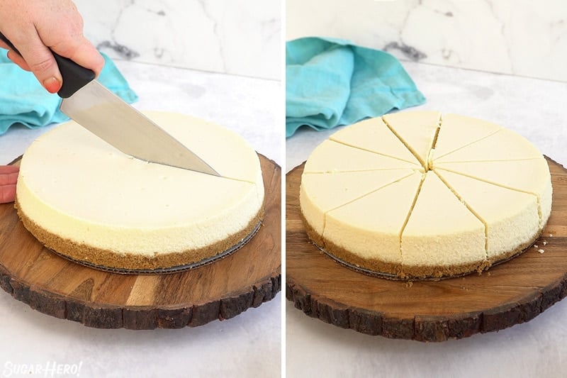 Two-photo collage showing how to slice a cheesecake.