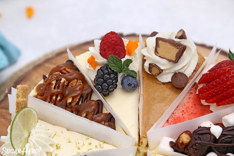 Close-up of some of the different flavors in the cheesecake sampler.