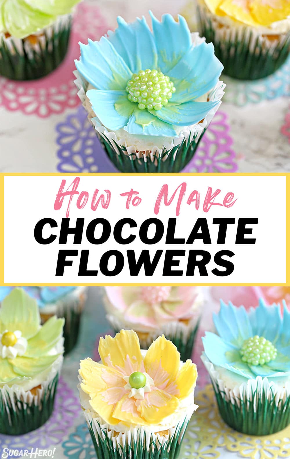 Two photo collage of Chocolate Flower Cupcakes with text overlay for Pinterest.