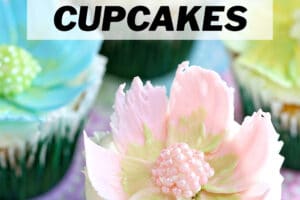 Chocolate Flower Cupcake photo with text overlay for Pinterest.