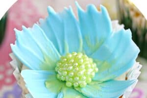 Chocolate Flower Cupcake photo with text overlay for Pinterest.