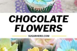 Two photo collage of Chocolate Flower Cupcakes with text overlay for Pinterest.