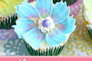 Chocolate Flower Cupcake photo with text overlay for Pinterest.