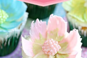 Chocolate Flower Cupcake photo with text overlay for Pinterest.