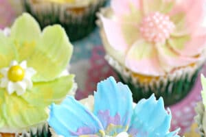 Chocolate Flower Cupcake photo with text overlay for Pinterest.