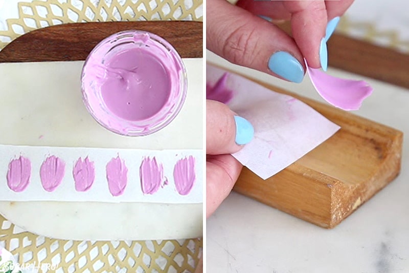 Two photo collage showing how to paint chocolate petals for chocolate flower cupcakes.