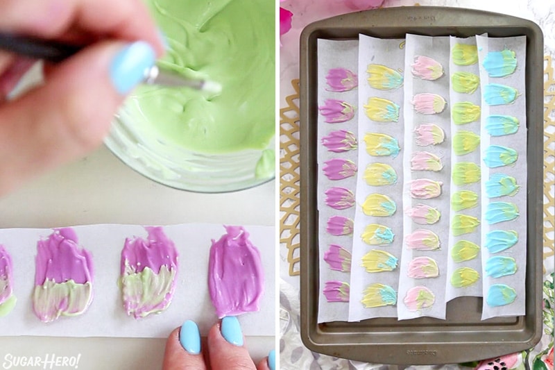 Two photo collage showing how to finish painting petals for chocolate flower cupcakes.