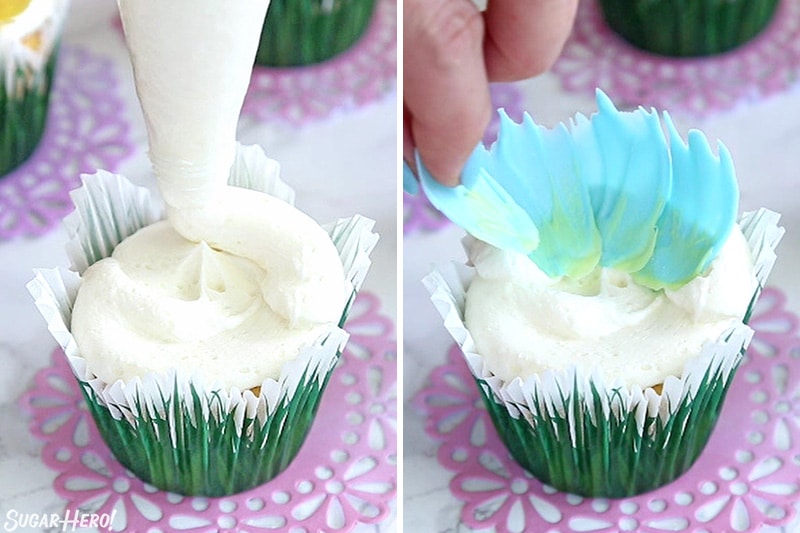 Two photo collage showing how to pipe and add chocolate petals to flower cupcakes.