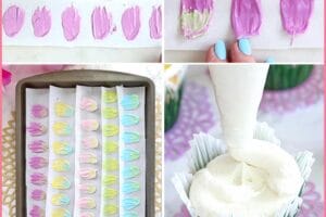 Six photo collage showing how to make Chocolate Flower Cupcakes with text overlay for Pinterest.