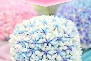 Photo of Hydrangea Cakes with text overlay for Pinterest.